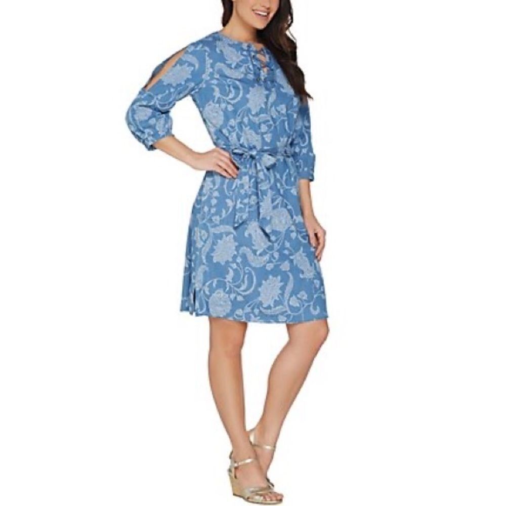 Isaac Mizrahi TRUE DENIM Flora Printed Denim Dress